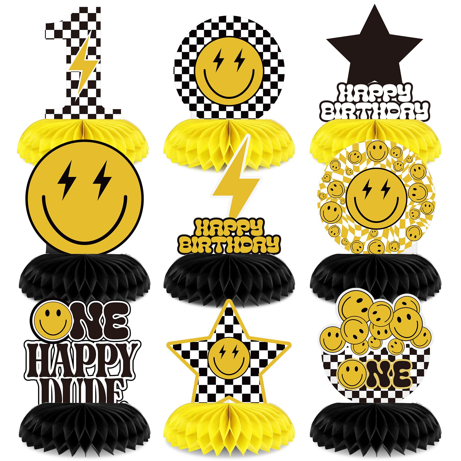 Outus 9 Pcs One Happy Dude Honeycomb Centerpiece One Happy Dude 1st Birthday Party Decoration Set Smile Face Table Toppers Centerpieces Party Supplies for Wedding Baby Shower Birthday Party Home Decor