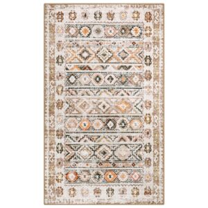 Wonnitar Boho Washable 3x5 Area Rug, Non-Slip Moroccan Entry Rug Distressed Throw Rug for Bedroom, Non-Shedding Western Aztec Low Pile Floor Carpet for Kitchen Bathroom Entrance (Khaki/Multi,3'x5')