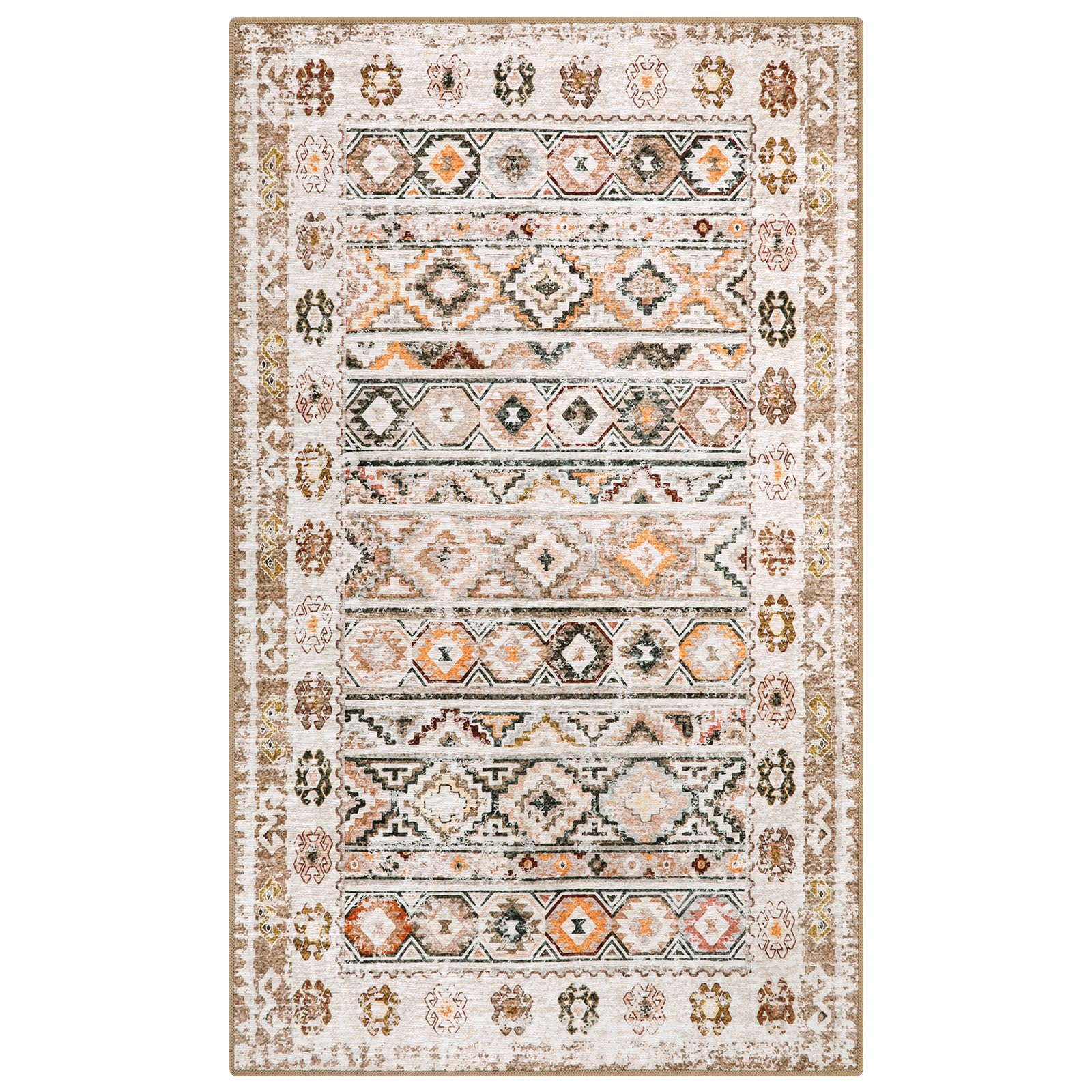 Wonnitar Boho Washable 3x5 Area Rug, Non-Slip Moroccan Entry Rug Distressed Throw Rug for Bedroom, Non-Shedding Western Aztec Low Pile Floor Carpet for Kitchen Bathroom Entrance (Khaki/Multi,3'x5')