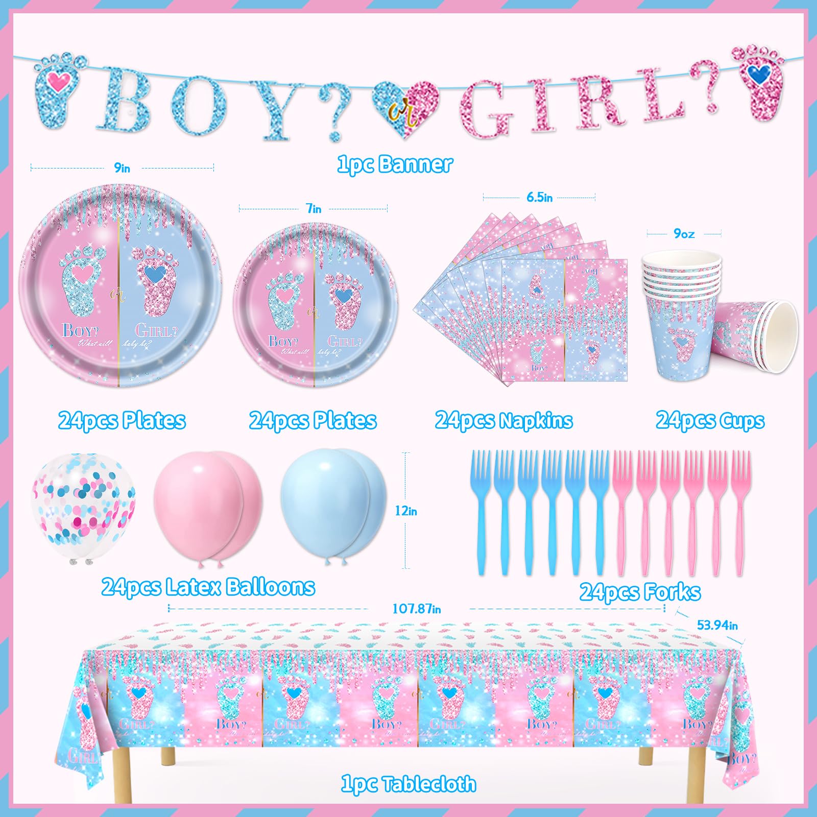 Gender Reveal Decorations, 146Pcs Gender Reveal Plates-Serve 24, Boy or Girl Party Tableware Set with Disposable Paper Plates Napkins Cups Tablecloth for Gender Reveal Party Supplies