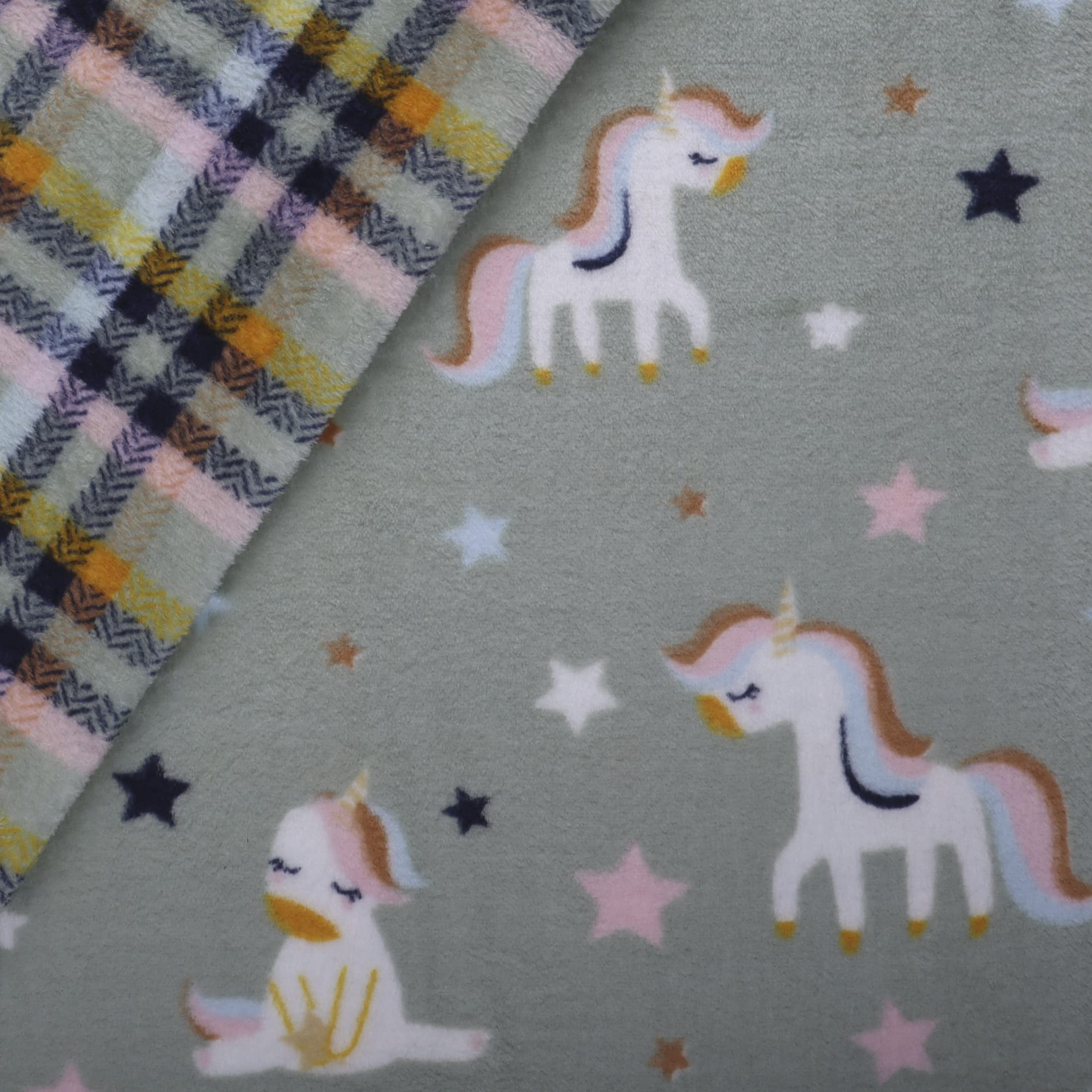 Mook Fabrics Fleece Flannel 2 Sided DP308 Unicorns, Sage Cut by The Yard