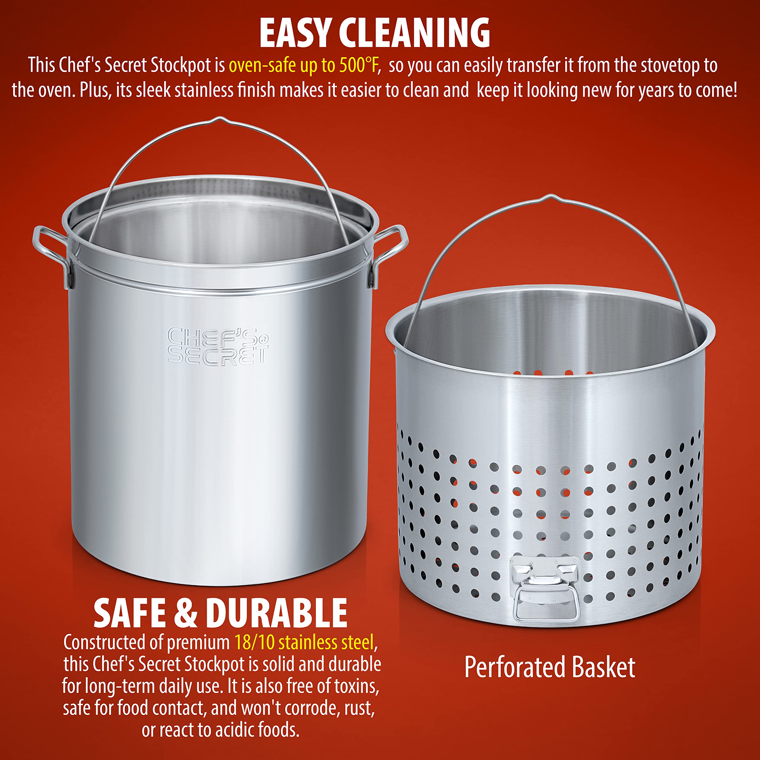 Chef's Secret 82 Quart Stainless Steel Stockpot w/Basket: Perfect for Soups, Boils, Stews and Tamales