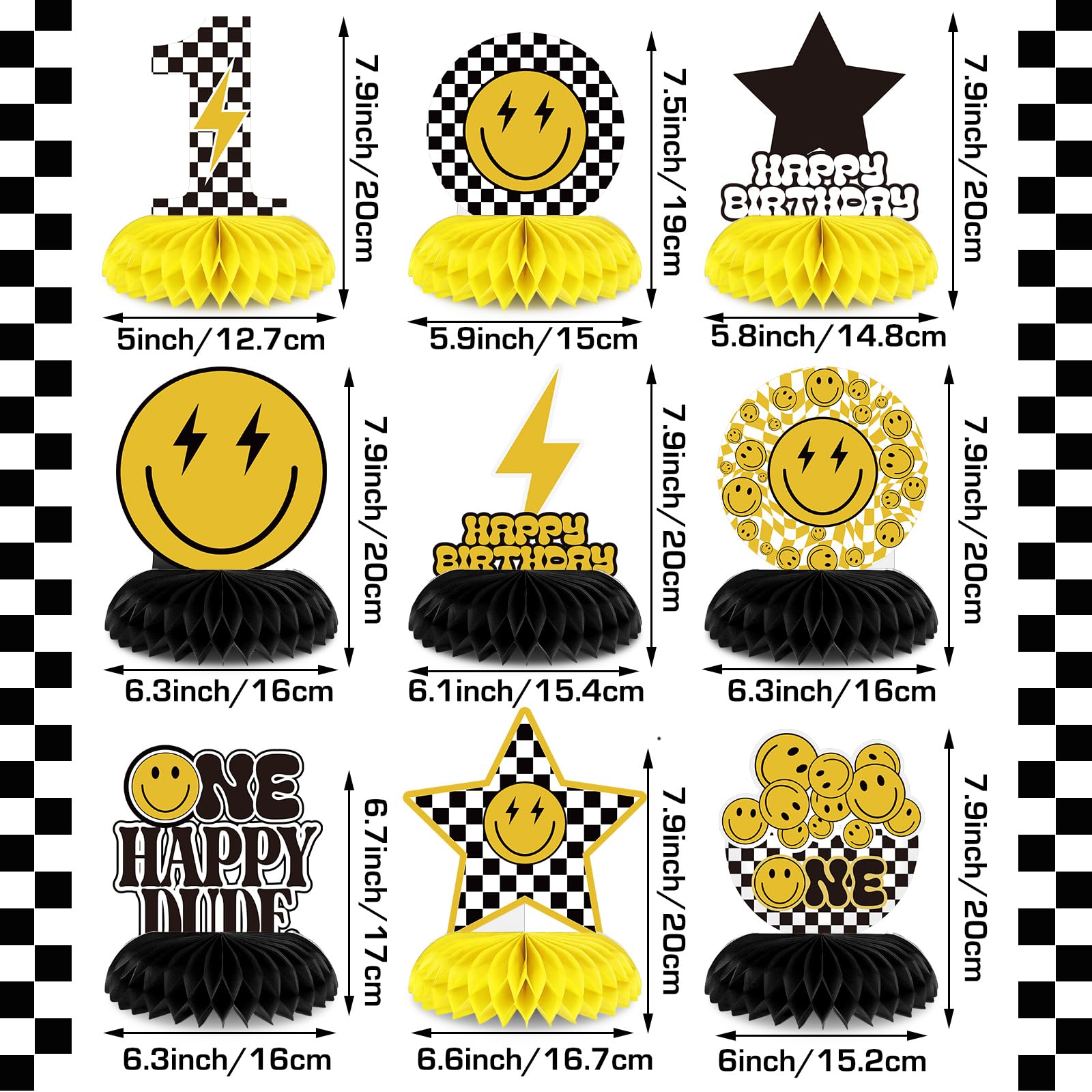 Outus 9 Pcs One Happy Dude Honeycomb Centerpiece One Happy Dude 1st Birthday Party Decoration Set Smile Face Table Toppers Centerpieces Party Supplies for Wedding Baby Shower Birthday Party Home Decor