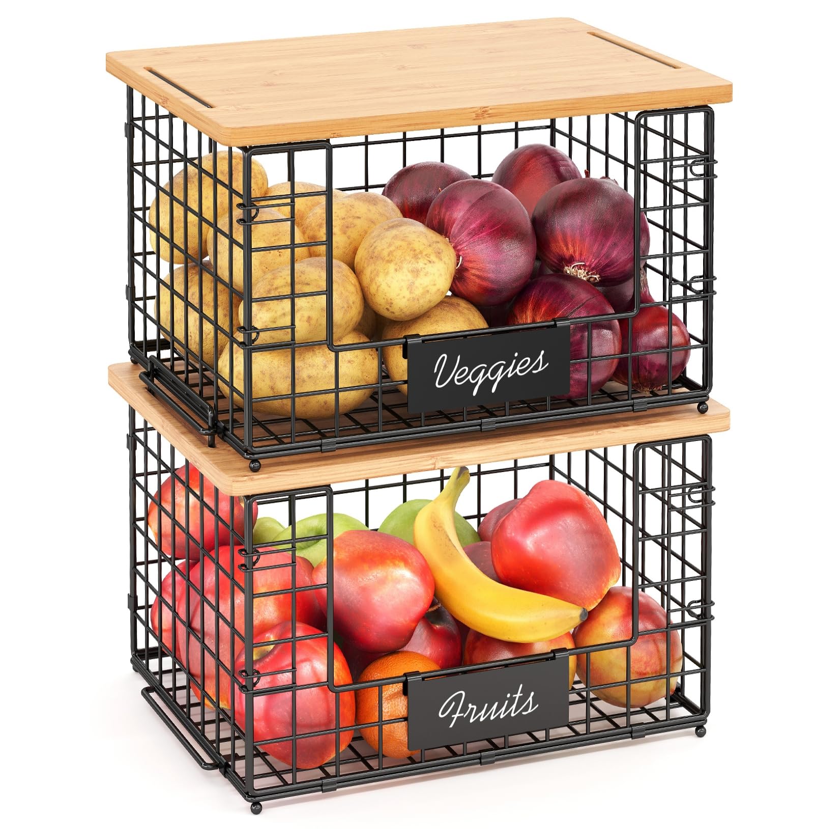 2 Pack XXL Stackable Wire Baskets with Bamboo Top for Pantry Organizers and Storage, Kitchen Organization Counter Basket for Fruit, Vegetable, Produce, Bread, Potato and Onion Storage Bins