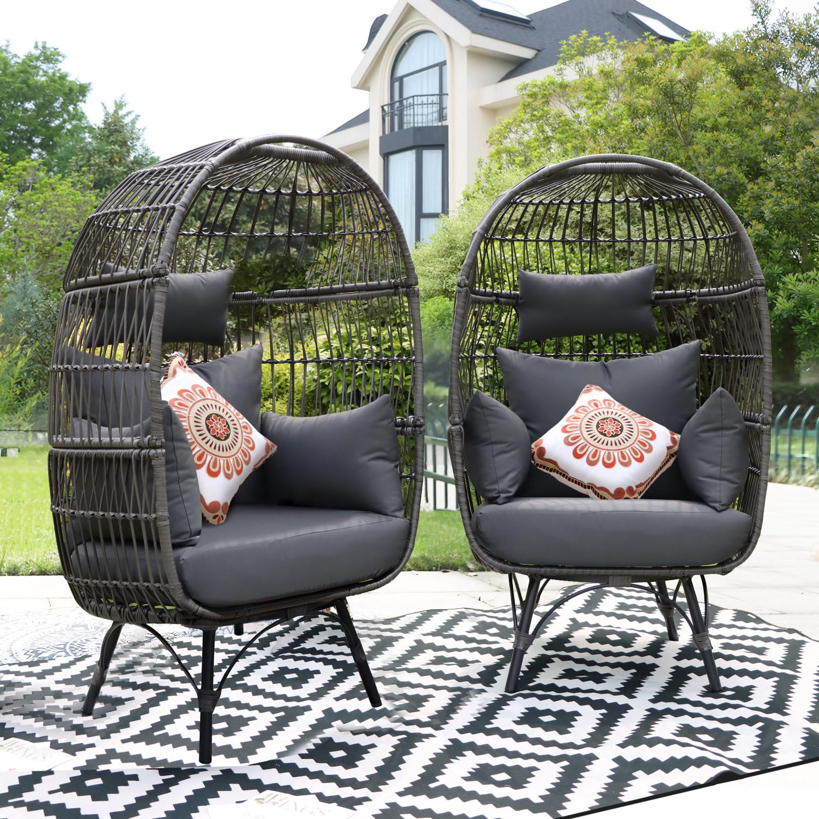 NICESOUL® 2Pcs Outdoor Wicker Furniture Set, PE Rattan Woven Lounge stationary egg chairs with legs, Boho style Double Chair Loveseat Conversation Set of Two Inside Outside Indoor Patio Backyard Beige