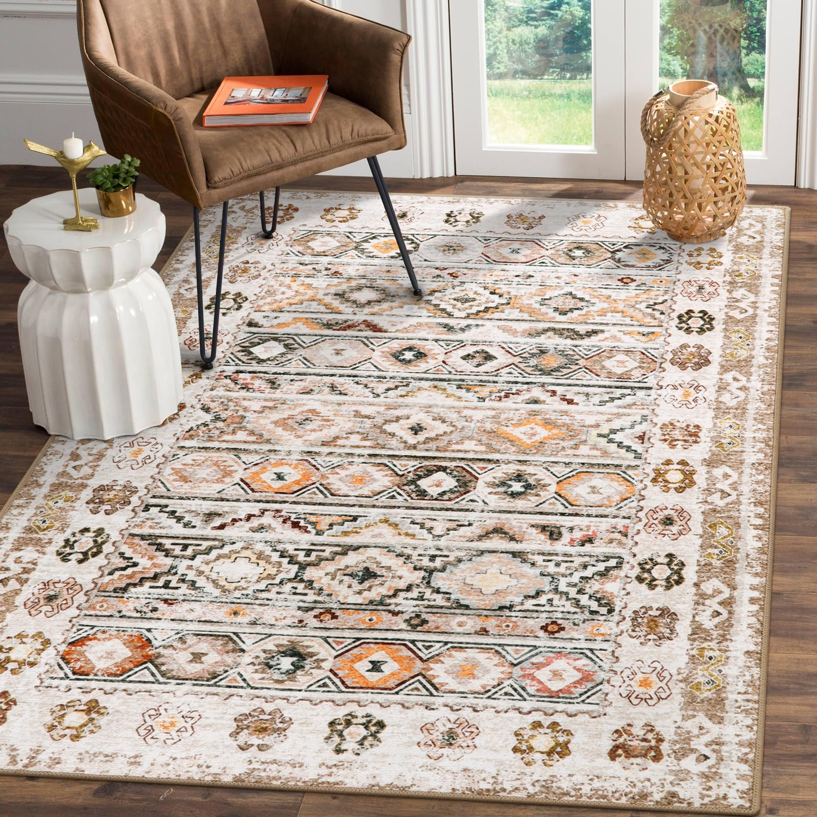 Wonnitar Boho Washable 3x5 Area Rug, Non-Slip Moroccan Entry Rug Distressed Throw Rug for Bedroom, Non-Shedding Western Aztec Low Pile Floor Carpet for Kitchen Bathroom Entrance (Khaki/Multi,3'x5')