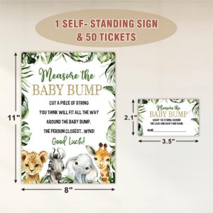 Baby Shower Games - Measure The Baby Bump Set - Greenery Floral Safari theme how big is mommy's belly - 1 Standing sign & 50 tickets - gender reveal party decorations & supplies -DWLK-A02