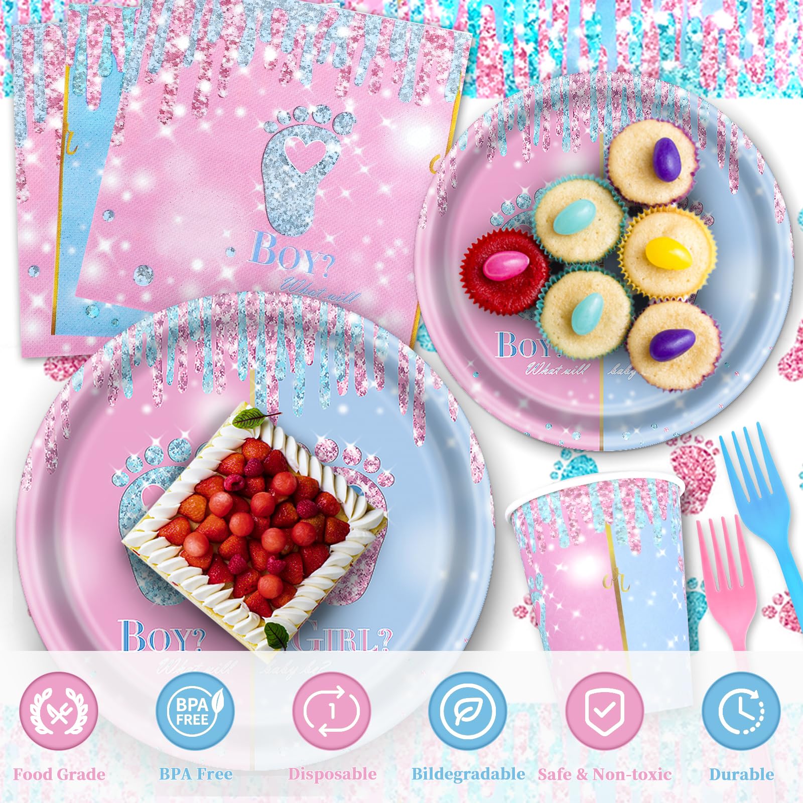 Gender Reveal Decorations, 146Pcs Gender Reveal Plates-Serve 24, Boy or Girl Party Tableware Set with Disposable Paper Plates Napkins Cups Tablecloth for Gender Reveal Party Supplies