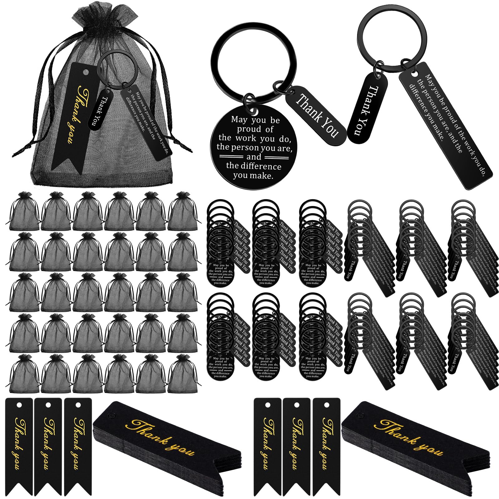 Yinkin 300 Pcs Christmas Employee Appreciation Gift Thank You Keychain Bulk Gifts for Coworker 100 Inspirational Staff Appreciation Keychain 100 Organza Bags 100 Cards for Teacher Nurse Team(Black)