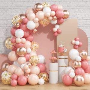 dusty pink balloon garland kit, double stuffed nude blush balloon arch kit with metallic champagne gold and gold confetti balloons, beige boho white balloons for wedding bridal birthday decorations