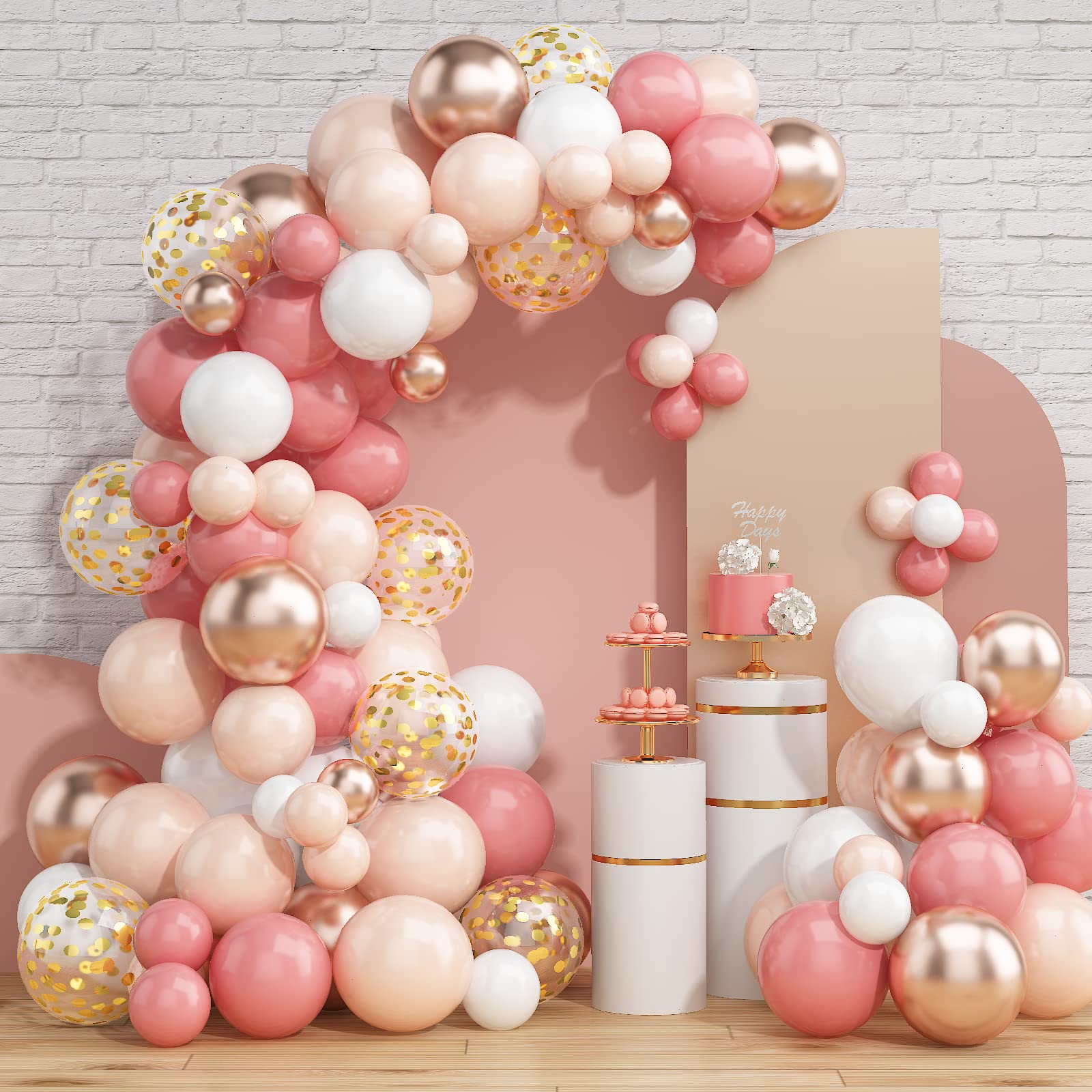 Dusty Pink Balloon Garland Kit, Double Stuffed Nude Blush Balloon Arch Kit with Metallic Champagne Gold and Gold Confetti Balloons, Beige Boho White Balloons for Wedding Bridal Birthday Decorations