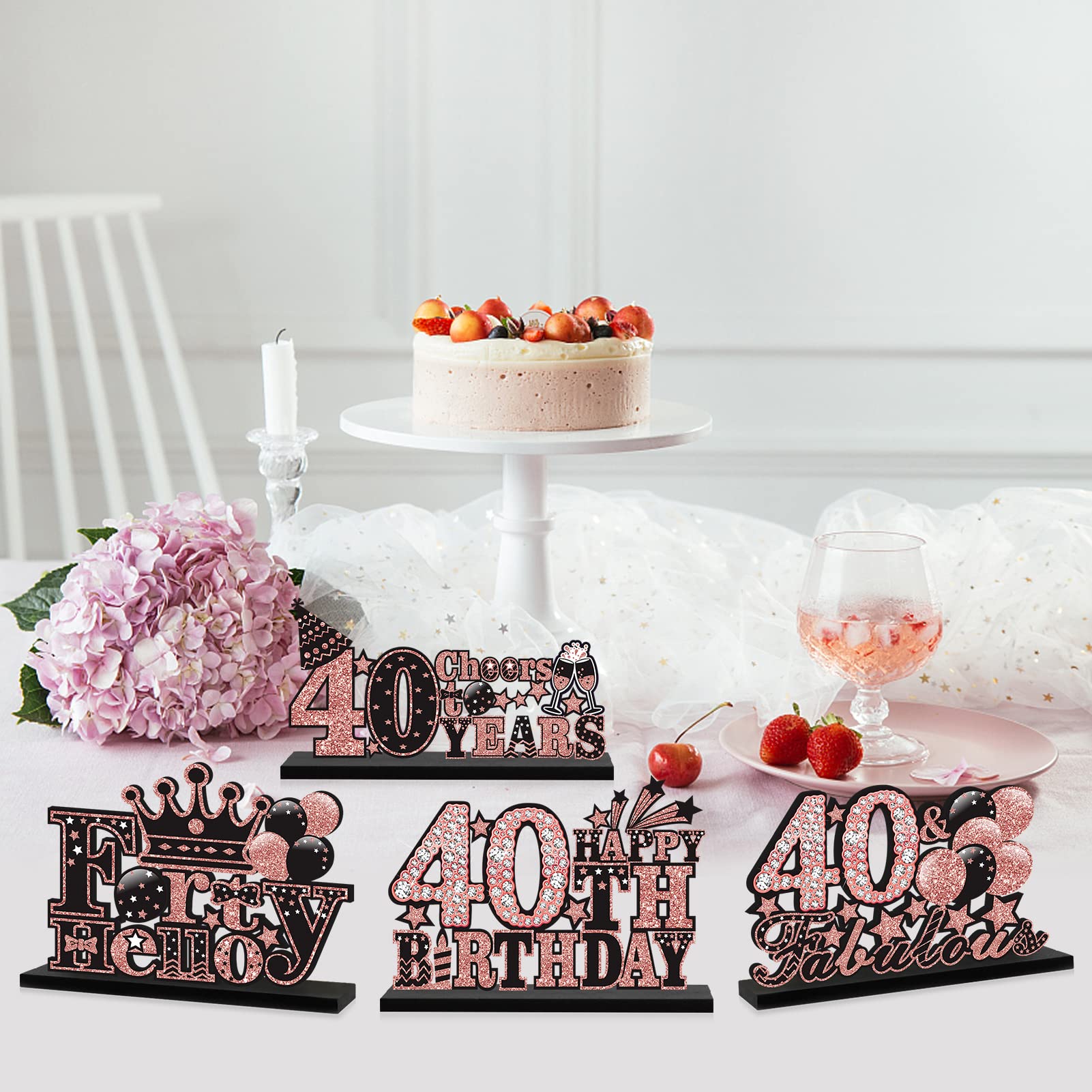 4pcs 40th Birthday Decorations Wooden Table Centerpieces for Women, Rose Gold Pink 40th Birthday Table Sign Party Supplies, Hello Forty Cheers to 40 Years Bday Table Decor