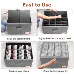 PENGLONG Adjustable Storage Bins for Closet, 16Pairs Wardrobe Clothes Organizer, Shoe Bin, Shoe Organizer, Closet Storage Solution with Clear Window (16PairsDarkGrey)