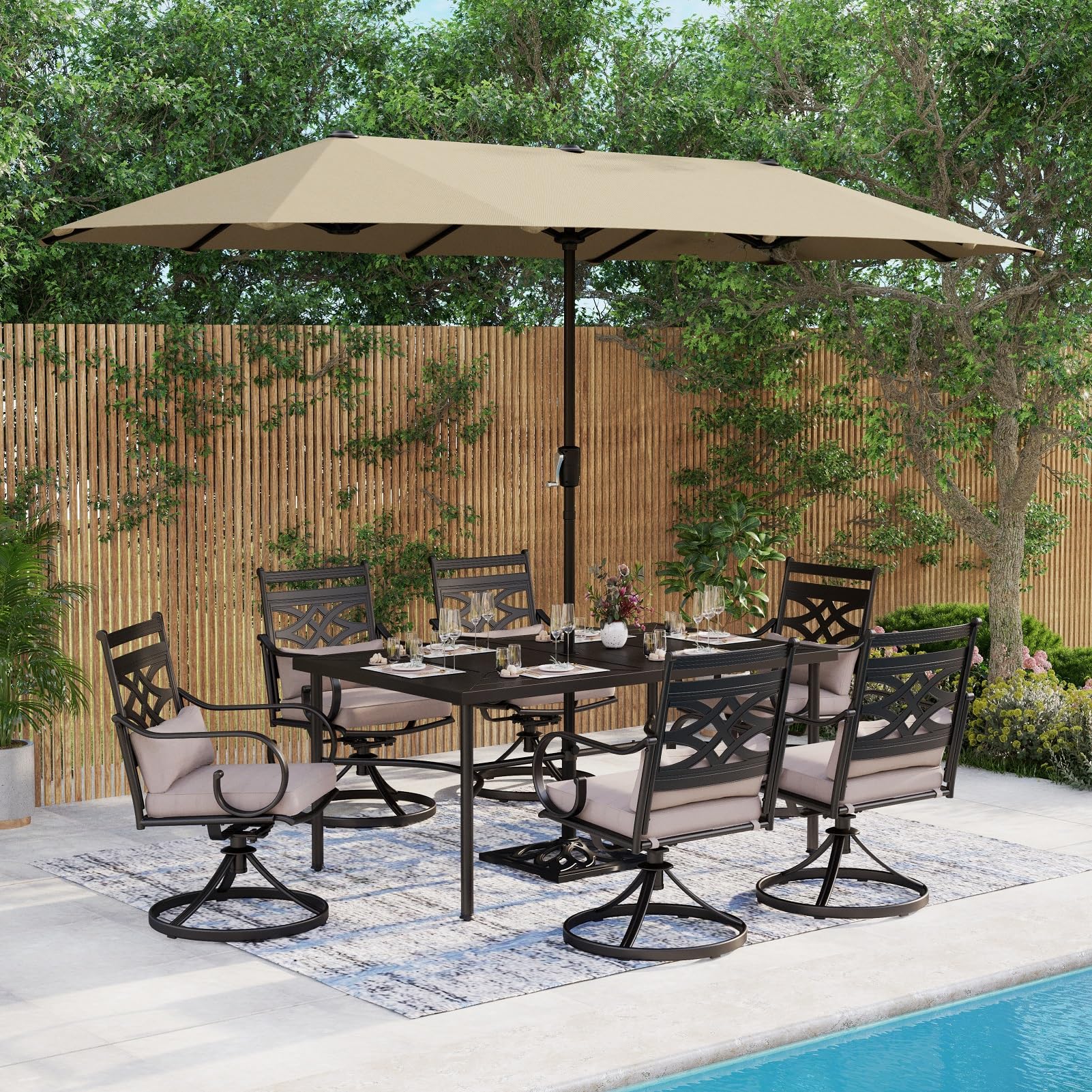 MFSTUDIO 8 Pieces Patio Umbrella Dining Sets, with 6 Swivel Chairs, 1 Stamped Rectangular and 1 x 13 Ft Beige Umbrella (Base Not Included), All Weather Heavy Duty Black Frame, Outdoor Furniture for 6