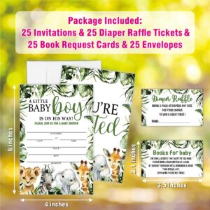 Baby Boy Baby Shower Invitation Set - Greenery Animals Theme - 25 Invites & Envelopes，25 Dipaer Raffle Tickets & 25 Book Request Cards - Gender Reveal Party Supplies -TZ-A06