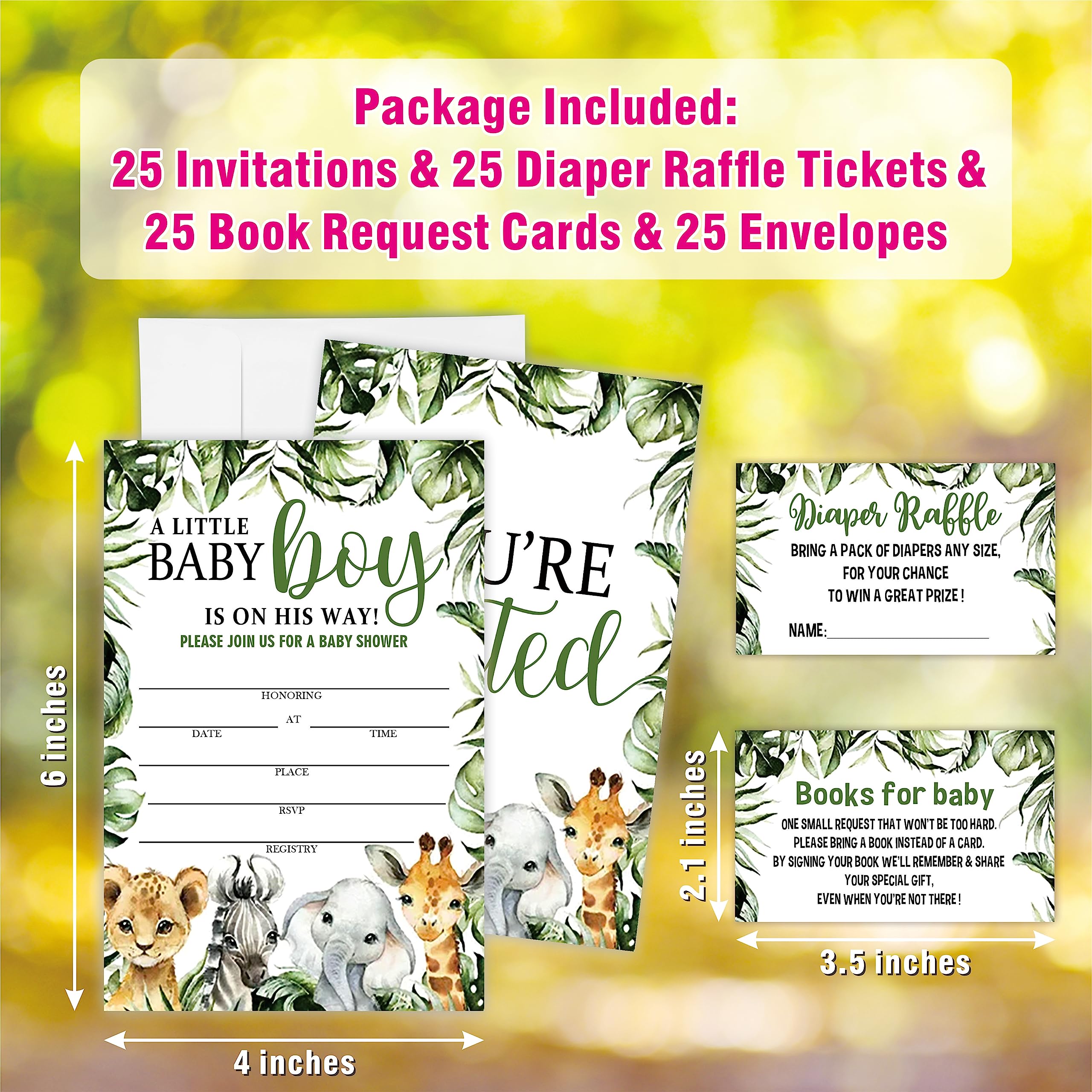 Baby Boy Baby Shower Invitation Set - Greenery Animals Theme - 25 Invites & Envelopes，25 Dipaer Raffle Tickets & 25 Book Request Cards - Gender Reveal Party Supplies -TZ-A06