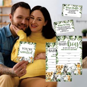 Baby Boy Baby Shower Invitation Set - Greenery Animals Theme - 25 Invites & Envelopes，25 Dipaer Raffle Tickets & 25 Book Request Cards - Gender Reveal Party Supplies -TZ-A06