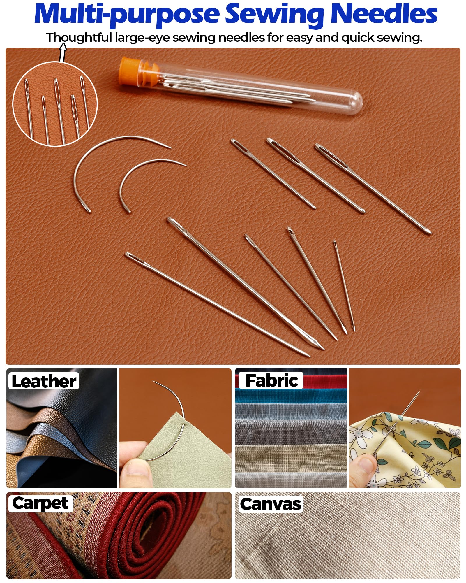 PLANTIONAL Leather Repair Sewing Kit: 31pcs Leather Working Tools with Pro Waxed Thread, Large Eye Hand Sewing Needles, 3 Versatile Awl, Heavy Duty Sewing Kit for Car, Upholstery, Vinyl, Canvas 02