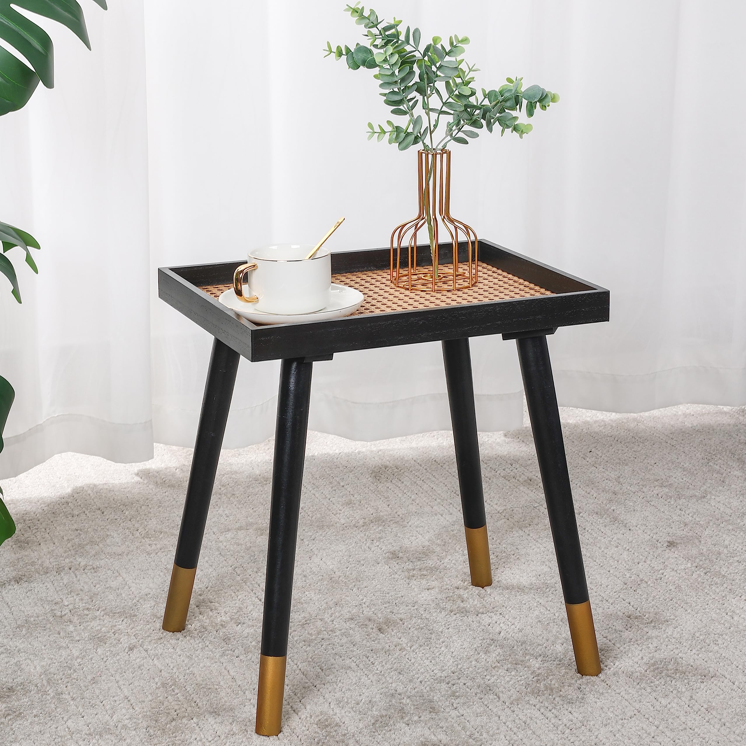 XOXNEUN Rattan Side Table,Rectangle Nightstand,Boho Side Table,Small Sofa Table for Living Room Bedroom Small Spaces. (Black)