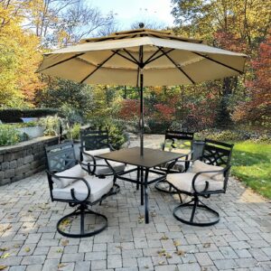 mfstudio 6 pieces patio umbrella dining sets with 4 swivel chairs, 1 square table and 1 x 9 ft beige umbrella (base not included), all weather heavy duty black frame, outdoor furniture for 4