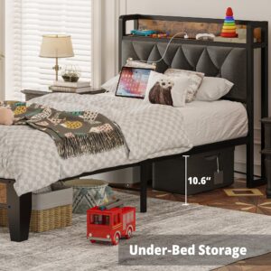 ANCTOR Twin Bed Frames, Storage Headboard with Outlets, Easy to Install, Sturdy and Stable, No Noise, No Box Springs Needed - Perfect for a Good Night's Sleep