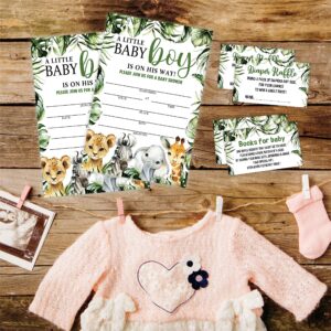 Baby Boy Baby Shower Invitation Set - Greenery Animals Theme - 25 Invites & Envelopes，25 Dipaer Raffle Tickets & 25 Book Request Cards - Gender Reveal Party Supplies -TZ-A06