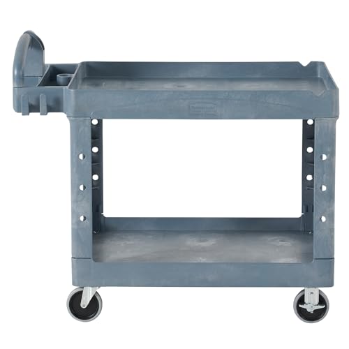 Rubbermaid Commercial Products Brute Heavy Duty 2-Shelf Utility/Service Cart, Medium, Lipped Shelves, Ergonomic Handle, 500 lbs. Capacity, Gray, for Warehouse/Garage/Cleaning/Maintenance/Stadiums