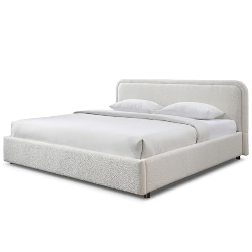 Omax Decor Chloe Upholstered Platform Bed | Box Spring Not Required | (White Boucle, King Bed Frame)