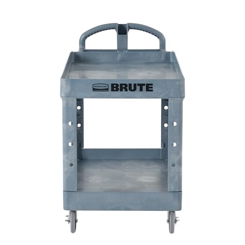 Rubbermaid Commercial Products Brute Heavy Duty 2-Shelf Utility/Service Cart, Medium, Lipped Shelves, Ergonomic Handle, 500 lbs. Capacity, Gray, for Warehouse/Garage/Cleaning/Maintenance/Stadiums