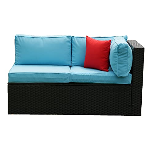 ERYE Weather Conversation, Outdoor Garden PE Rattan Manual Weaving Wicker Sectional Sofa 2 Pillow, 5 Pieces Modular Patio Furniture Set, Black+Light Blue