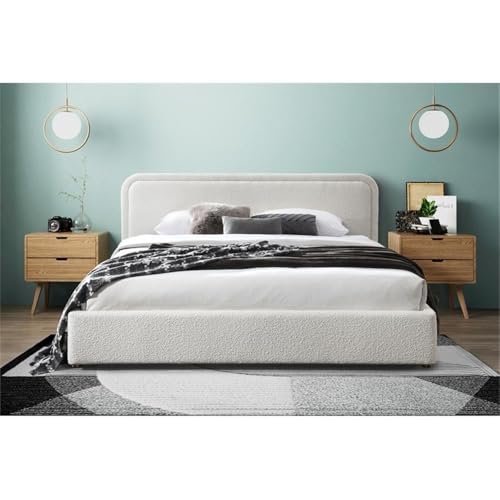 Omax Decor Chloe Upholstered Platform Bed | Box Spring Not Required | (White Boucle, King Bed Frame)