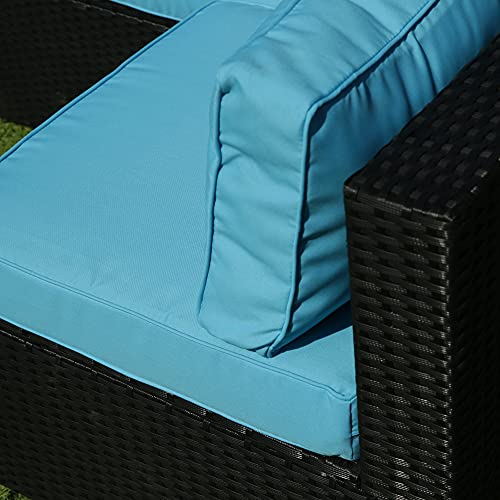 ERYE Weather Conversation, Outdoor Garden PE Rattan Manual Weaving Wicker Sectional Sofa 2 Pillow, 5 Pieces Modular Patio Furniture Set, Black+Light Blue