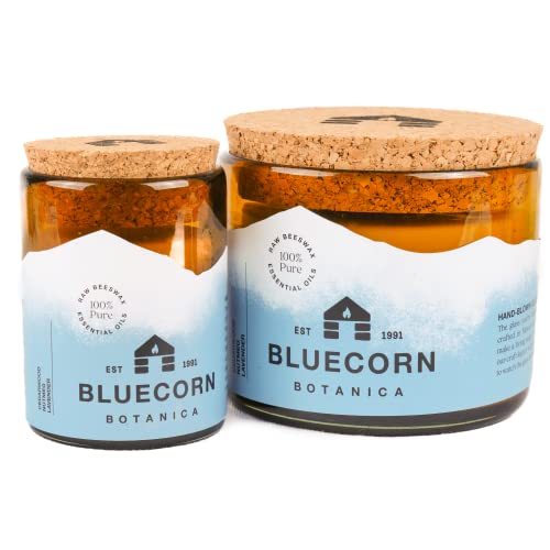 Cedarwood, Nutmeg & Lavender Essential Oil & Pure Beeswax Candle in Blown Glass Jar. Bluecorn Beeswax Botanica. 8 oz.