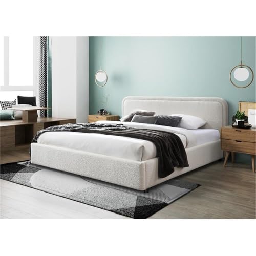 Omax Decor Chloe Upholstered Platform Bed | Box Spring Not Required | (White Boucle, King Bed Frame)