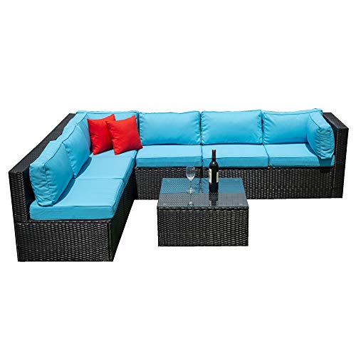 ERYE Weather Conversation, Outdoor Garden PE Rattan Manual Weaving Wicker Sectional Sofa 2 Pillow, 5 Pieces Modular Patio Furniture Set, Black+Light Blue