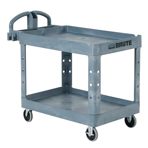 Rubbermaid Commercial Products Brute Heavy Duty 2-Shelf Utility/Service Cart, Medium, Lipped Shelves, Ergonomic Handle, 500 lbs. Capacity, Gray, for Warehouse/Garage/Cleaning/Maintenance/Stadiums