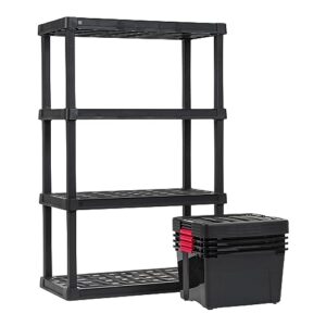 IRIS USA 4-Tier Shelving Unit, 36" W x 18" D x 56" H, 1 Pack, Black + IRIS USA 40 Qt. Plastic Storage Container Bin with Secure Lid and Latching Buckles, 4 Pack, Black, Bundle