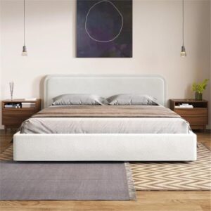 omax decor chloe upholstered platform bed | box spring not required | (white boucle, king bed frame)