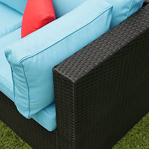 ERYE Weather Conversation, Outdoor Garden PE Rattan Manual Weaving Wicker Sectional Sofa 2 Pillow, 5 Pieces Modular Patio Furniture Set, Black+Light Blue