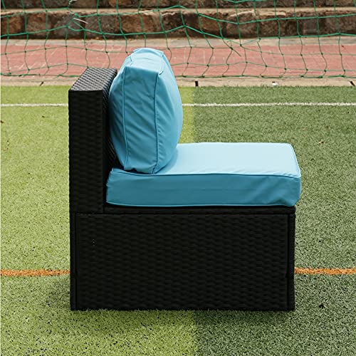 ERYE Weather Conversation, Outdoor Garden PE Rattan Manual Weaving Wicker Sectional Sofa 2 Pillow, 5 Pieces Modular Patio Furniture Set, Black+Light Blue