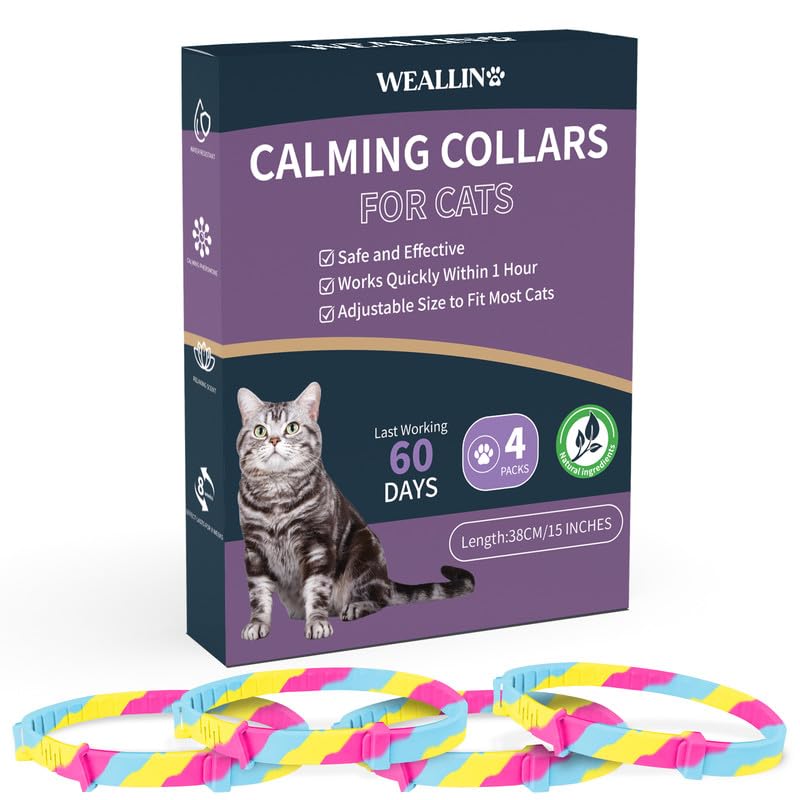 WEALLIN 4 Packs Calming Collar for Cats, Cat Calming Collar Anxiety Aggression Relief Stress Pheromone Collar for Cats, Cat Calming Products with 60 Days Long-Lasting Effect, Adjustable for Most Cat