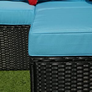 ERYE Weather Conversation, Outdoor Garden PE Rattan Manual Weaving Wicker Sectional Sofa 2 Pillow, 5 Pieces Modular Patio Furniture Set, Black+Light Blue