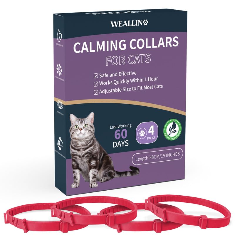 WEALLIN 4 Packs Calming Collar for Cats, Cat Calming Collar Anxiety Aggression Relief Stress Pheromone Collar for Cats, Cat Calming Products with 60 Days Long-Lasting Effect, Adjustable for Most Cat