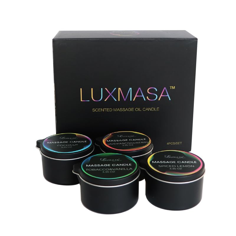 LUXMASA Low Temp Massage Candles for Massage Therapy-Natural Soybean Massage Oil Candles for Couples-Romantic Body Lotion Candle Wax Gift Set of 4 pcs 13.4 OZ