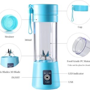 Portable Blender USB Rechargeable Best Personal Blender for Shakes and Smoothies, with 4 Ultra-sharp Blades for Travel, Office & Sports (Blue)