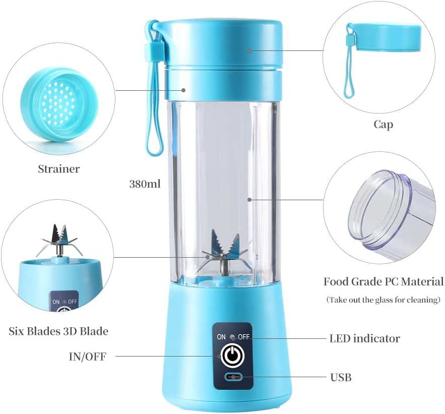 Portable Blender USB Rechargeable Best Personal Blender for Shakes and Smoothies, with 4 Ultra-sharp Blades for Travel, Office & Sports (Blue)