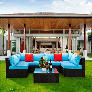 erye weather conversation, outdoor garden pe rattan manual weaving wicker sectional sofa 2 pillow, 5 pieces modular patio furniture set, black+light blue