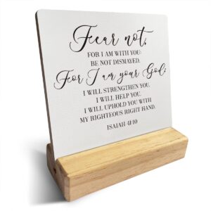 country fear not for i am with you bible verses wooden plaque sign desk decor rustic motivational isaiah 41:10 christian desk sign decor for home office 4 x 4 inches