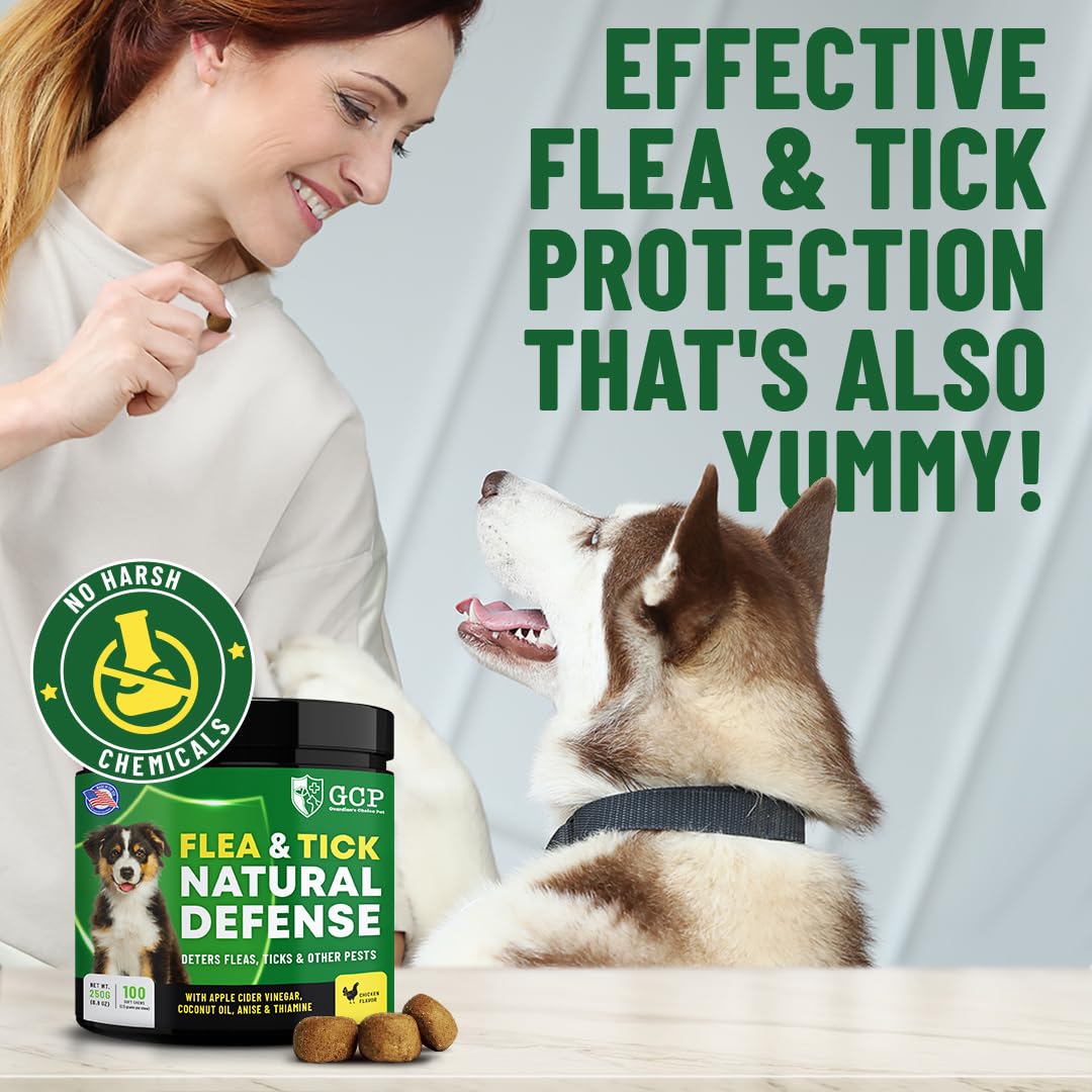 Flea and Tick for Dogs Chewable Pills - No Harsh Chemicals - 100 Chicken Flavored Treats - Guardian's Choice Pets Brand - Tasty Chews Dogs Love - Flea Pills for Dogs