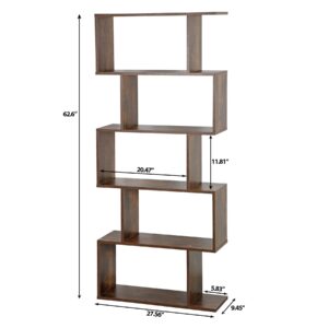 SUPER DEAL Wood Bookcase, 5-Tier Bookshelf Geometric S-Shaped Shelf with Anti Tipping Device, Narrow Storage Rack and Room Divider for Bedroom Living Room Home Office, 62 Inch Tall Rustic Brown